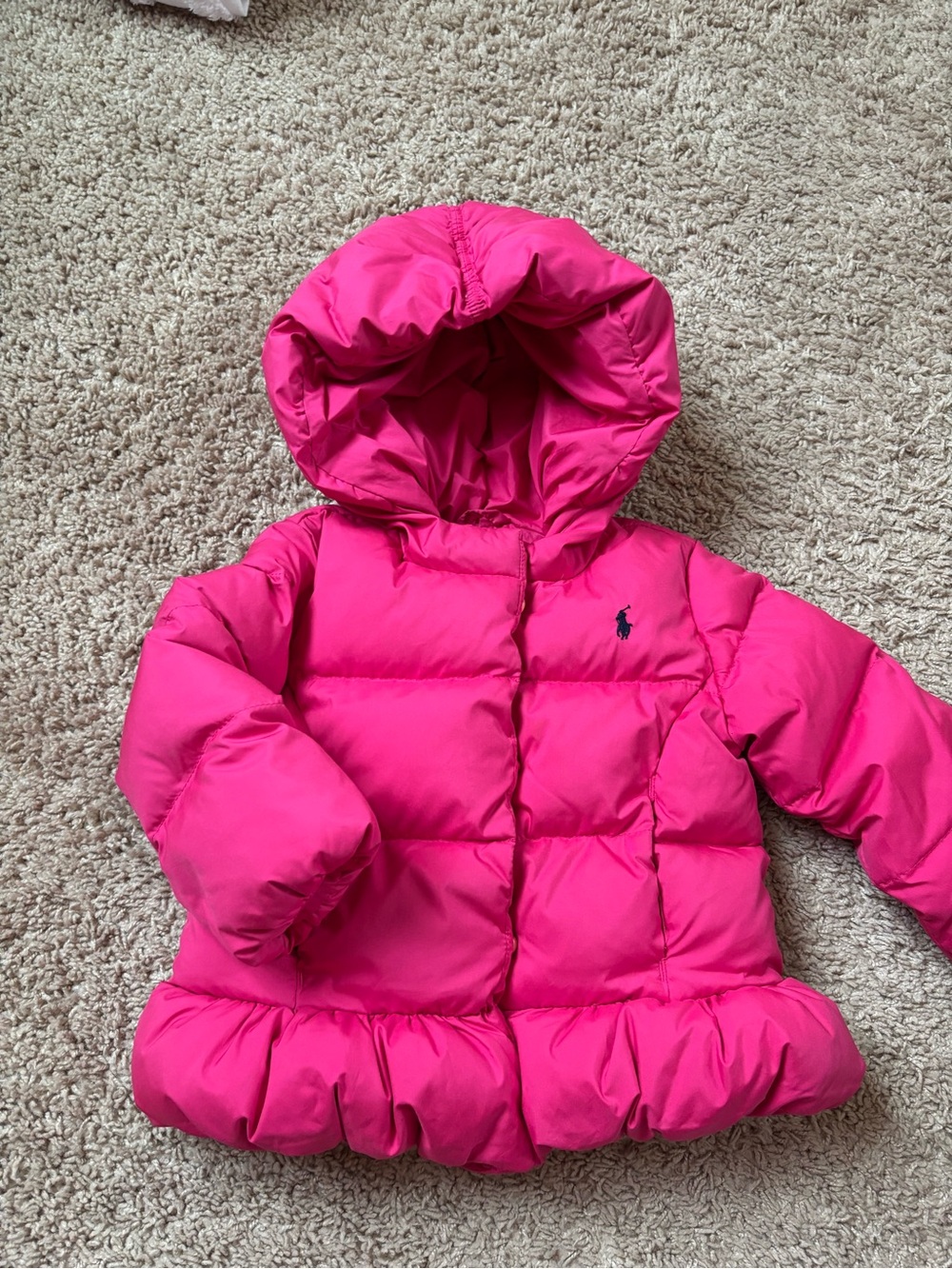 Ralph Lauren Hot Pink Hooded Puffer Jacket with Ruffled Hem